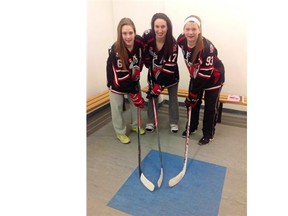 The high-scoring line of Katryne Villeneuve, left, Samantha Cogan, centre, and Addi Halladay powered the Nepean Wildcats women’s U19 hockey team to an unprecedented season in the Provincial Women’s Hockey League, winning the regular-season pennant for the first time in its four-year history with a record 67 points and taking the bronze medal in the playoff tournament on Sunday. (Martin Cleary/Ottawa Citizen)