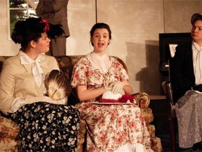 Kaydence Luchies performed as Clara Eynsford-Hill (L), Alex Bateman (2ndL) performed as Eliza Doolittle, and Emily VanDommelen performed as Mrs. Eynsford-Hill (R), during Redeemer Christian High School’s Cappies production of Pygmalion, on April 26, 2014, in Ottawa, Ont.