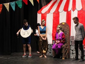 Lewis played by Brian Kulunk (L), Fastrada played by Katrina Soroka (2ndFL), Charles The Great played by Nick Hoffman (2ndFR), Pippin played by Matthew Boutros (R). Durning D’arcy McGee High School’s Cappies production of Pippin.