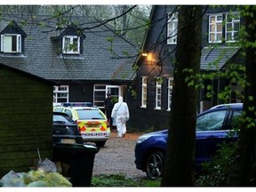 Police officers attend the home of Peaches Geldof in Wrotham, Kent, Monday, April 7, 2014. Peaches Geldof, the wild-child second daughter of concert organizer Bob Geldof who worked as a model, a television presenter and a fashion writer and filled the pages of British tabloids with her late-night antics, has died at age 25. There was no immediate word on the cause of her death at her home in Wrotham, Kent, southeast England. Her father said in a statement Monday: "Peaches has died. We are beyond pain." (AP Photo/PA, Gareth Fuller) UNITED KINGDOM OUT, NO SALES, NO ARCHIVE