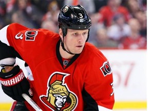 Marc Methot of the Ottawa Senators against the New Jersey Devils during second period of NHL action at Canadian Tire Centre in Ottawa, April 10, 2014.