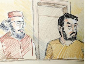 A file copy of an artist’s sketch from 2010 of Hiva Alizadeh, left, and Misbahuddin Ahmed in court at the Elgin Street courthouse.