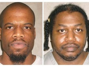 FILE - This file photo combo of images provided by the Oklahoma Department of Corrections shows Clayton Lockett, left, and Charles Warner. Lockett and Warner, two death row inmates whose executions were delayed while they challenged the secrecy behind the state's lethal injection protocol, are scheduled to die Tuesday, April 29, 2014, in Oklahoma's first double execution in nearly 80 years. (AP Photo/Oklahoma Department of Corrections, File)