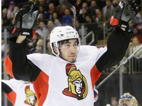 Ottawa Senators’ Mika Zibanejad, of Sweden, celebrates after scoring a goal during the first period of an NHL hockey game against the New York Rangers Saturday, April 5, 2014, in New York.