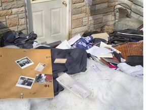 Personal belongings strewn about the backyard of of the house on Boulevard Labrosse in Gatineau where Patrick Brazeau was arrested early Thursday morning.