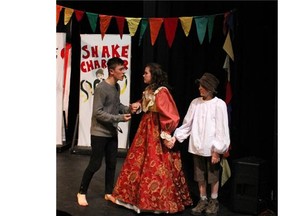 Pippin played by Matthew Boutros (L),Catherine played by Morgan Vallières (2ndFR), Theo played by Gabriel Mantha (R). Durning D’arcy McGee High School’s Cappies production of Pippin.