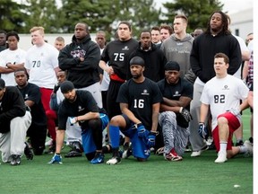 Prospective athletes listen to instructions at the start of the open tryout camp for free-agent players hoping to earn a spot on the CFL team at Keith Harris Stadium at Carleton University in Ottawa on Sunday, April 27, 2014.