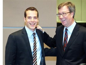 Twenty-eight-year-old first-term councillor Mathieu Fleury, right, has been part of Mayor Jim Watson’s inner circle all term and is often in mayoral photo ops, such as this one at the Feb. 27 Mayor’s Breakfast with Watson, left, and Liberal leader Justin Trudeau.