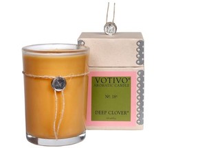 Votivo Aromatic Candle/Deep Clover: Votivo, meaning expressing a vow, wish or desire, has built a reputation for its fragrances and handmade processes. Deep Clover is a crisp and fresh scent, perfect for a day of pampering yourself. It’s a blend of recently mowed fescue and rye grass with tangy red clover, wood chips and earthen moss. The earthy mix is subtle, but makes its presence known.
 Candledelirium.com