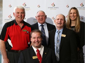 2014 Ottawa Sports Hall of Fame Inductees, left to right, Wayne Giardino (Football), Todd Nicholson (Sledge Hockey), Tom Casey (Media), Ed Laverty (Builder) and Kristina Groves (Speed Skating).