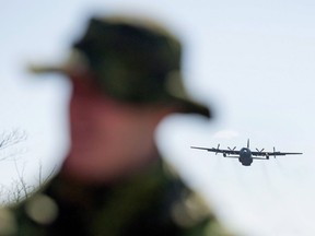 A CC-130H Hercules aircraft is seen during Tigerex 2014 at Mont Cascades Ski Resort in Cantley, Que. on Tuesday, May 6, 2014.