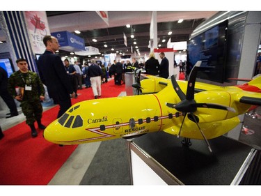 A model of a Boeing rescue aircraft on display as the annual trade fair for military equipment known as CANSEC took place at the EY Centre near the airport.