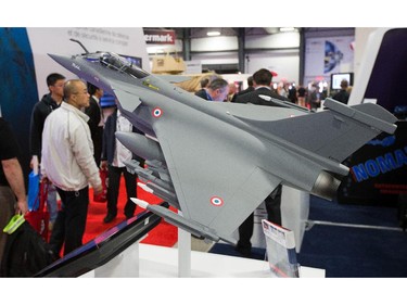 A model of a Rafale jet fighter on display as the annual trade fair for military equipment known as CANSEC took place at the EY Centre near the airport.