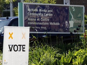 A sign points to an advance poll for the Ontario election at the McNabb Recreation Centre on Saturday May 31, 2014.