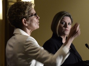 Ontario Liberal Leader Kathleen Wynne, left, and Ontario NDP Leader Andrea Horwath take part in the northern leaders' debate in Thunder Bay on Monday, May 26, 2014.