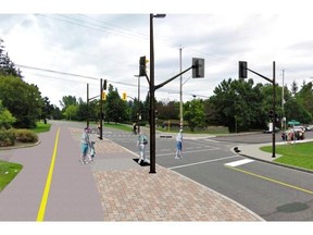 An artist image of the new crossing at Fifth Avenue, which will make it easier for cyclists and pedestrians to cross the Queen Elizabeth Driveway to the Rideau Canal.