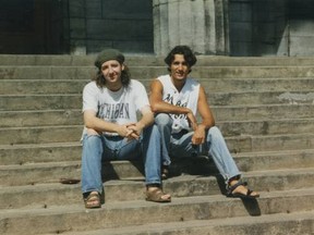 Photograph of Gerald Butts and Justin Trudeau on the steps of the Arts Building at McGill. Photo courtesy Gerald Butts.