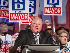 In this April 17, 2014 photo, Toronto Mayor Rob Ford speaks during the kick off of his re-election campaign at a rally in the city's north end.
