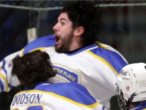 Carleton Place Canadians' forward Vinny Post is used to scoring goals in big games. Here he is celebrating an overtime winner in the Bogart Cup. He scored in Tuesday night's game against Toronto.