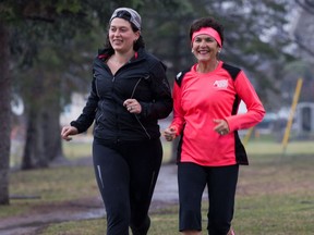 Cheryl Kardish-Levitan, 60, (R) has been running the Ottawa marathon for four decades. Only motherhood and a battle with breast cancer in the mid-2000s kept her from taking her place on the starting line. Cheryl has raised more than $100,000 for the Canadian Breast Cancer Foundation. Her daughter, Elana Levitan, 29, (L) has run a few half-marathons with Cheryl, and has suffered from osteoclastoma, i.e. tumors on her bones. Elana is a major inspiration and driving force for Cheryl's marathon running and fundraising. Photo taken on April 22, 2014.