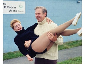 Says Elizabeth Manley of coach Peter Dunfield: 'Not only did he make me a champion but he brought the love of life and skating back to me.' The pair are shown here in 1983. Dunfield died Sunday at 82.