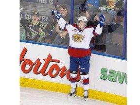 Edmonton Oil Kings Curtis Lazar celebrates his goal on the Medicine Hat Tigers during second period WHL playoff action on April 20, 2014, in Edmonton.