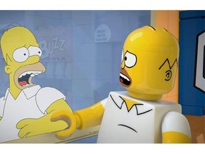 This image released by FOX shows character Homer Simpson, from the animated series, "The Simpsons," as a Lego figure in episode No. 550, titled, "Brick Like Me," airing Sunday. Using computer-generated special effects, the town of Springfield and its residents have been reimagined in the style of the famed plastic toys. (AP Photo/Fox)