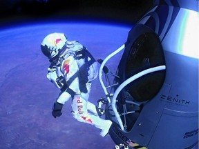 Austrian Felix Baumgartner jumps out of the capsule during the final manned flight for Red Bull Stratos in October 2012. The Red Bull-sponsored event was just one in a long line of marketing stunts involving high altitude and space flight.