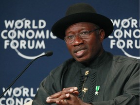 FILE - In this Thursday, May 8, 2014 file photo, Nigeria President Goodluck Jonathan speaks during the World Economic Forum on Africa in Abuja, Nigeria. The president of Nigeria for weeks refused international help to search for more than 300 girls abducted from a school by Islamic extremists, one in a series of missteps that have led to growing international outrage against the government.