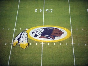 This Aug. 28, 2009 photo shows the Washington Redskins logo on the field before a preseason NFL football game in Landover, Md.