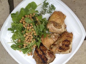 The rich flavours of crispy grilled chicken thighs and warm chickpeas are brightened with fresh arugula, thyme and lemon.