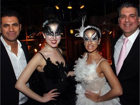 From left, owner Abbis Mahmoud with dancers Taylor Demone and Julia Gatto, and Gary Zed at the opening night VIP party for the Moscow Tea Room in the ByWard Market, held Friday, May 2, 2014. Photo by Caroline Phillips 116110