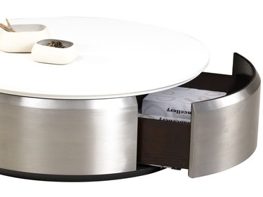 Storage options: Stylish and handy, the round Max coffee table from Gautier in Toronto ($1,160) includes two drawers for bonus storage.