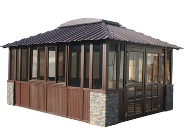 A 12- by 16-foot Fellini Barbados gazebo ($8,399 at Home Depot) is made with white cedar and reinforced polycarbonate roof. It includes a skylight, sliding windows and mesh screen.