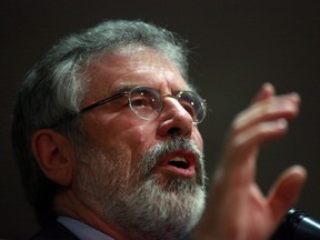 Sinn Fein's President Gerry Adams speaks during a European Election  campaign rally in South Belfast, Northern Ireland, 05 May 2014.