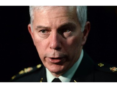 Lt.-Gen. Guy Thibault, Vice Chief of Defence Staff, speaks to reporters after giving the keynote address at the CANSEC trade show in Ottawa on Wednesday, May 28, 2014.