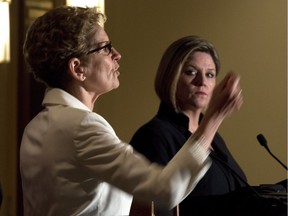 Ontario Liberal leader Kathleen Wynne, left, and Ontario NDP leader Andrea Horwath participate in the Northern Leader's Debate in Thunder Bay, on Monday.