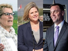 Ontario party leaders Kathleen Wynne, Liberal, Andrea Horwath, NDP, and Tim Hudak, Progressive Conservative, prepare to debate.