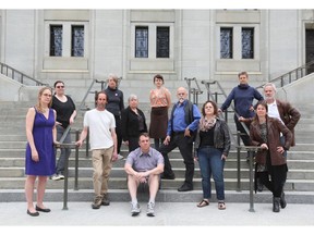 L to R: April Britski, Wendy Nelson, Gerald Beaulieu, Susan Tooke, Manon Pelletier, Kristian Clarke, Melissa Gruber, Christian Berard, Deborah Carruthers, Deirdre Logue, Julie McIntyre, Grant McConnell.   All are part of CARFAC. The Supreme Court will hear a case Wednesday that will determine whether, CARFAC, an association representing visual artists has the right to negotiate minimum fees for visual artists if the National Gallery of Canada uses their work. Photo by Jean Levac/Ottawa Citizen For Ottawa Citizen story by , CITY Assignment #117041