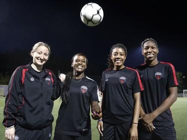 From the left: Fury FC women's assistant coach Robin Rushton with players Bryanna McCarthy, Ashley Lawrence and Kadeisha Buchanan.
Patrick Doyle / Ottawa Citizen