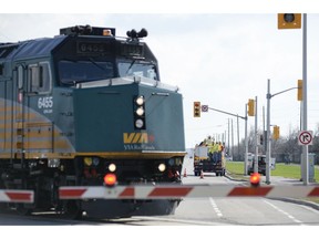 A Via Rail train crossing Fallowfield Road on the edge of Barrhaven in 2014.