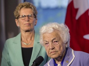 Ontario Premier and Liberal Leader Kathleen Wynne (left) and Mississauga Mayor Hazel McCallion address the media in Mississauga on Wednesday May 14 , 2014. Ontario goes to the polls on June 12. THE CANADIAN PRESS/Chris Young