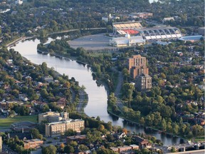 Lansdowne Park in the Glebe along the Rideau Canal, has been home to Ottawa football teams and the Central Canada Exhibition (Super Ex) for the better part a century. Aerial photo taken from "Brother" hot air balloon ride over the city of Ottawa .