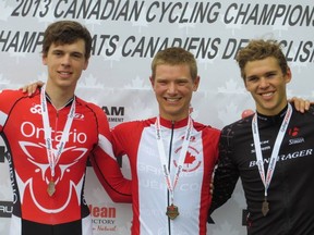 Ottawa cyclist (middle) Alex Cataford hasn't been able to join his European pro racing team this season because of a serious accident during training in January.