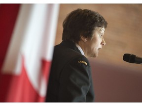 Rear Admiral Jennifer Bennett speaks at a 2014 International Women's Day event in Ottawa. The military is having a tough time recruiting women.