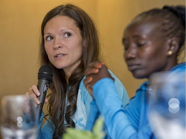 Press conference for the 10K elites. l-r Lanni Marchant and Mary Keitany of Kenya.