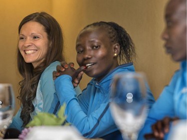 Press conference for the 10K elites. l-r Lanni Marchant and Mary Keitany of Kenya.