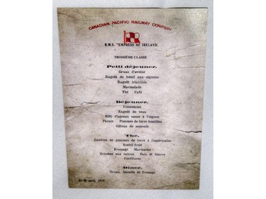 Menu  recovered from  the 'Empress of Ireland' on exhibit at the Canadian Museum of History.