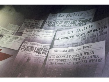 Newspaper headlines. 'Empress of Ireland' exhibit at the Canadian Museum of History.