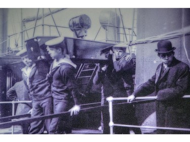 Photo of bodies recovered. 'Empress of Ireland' exhibit at the Canadian Museum of History.